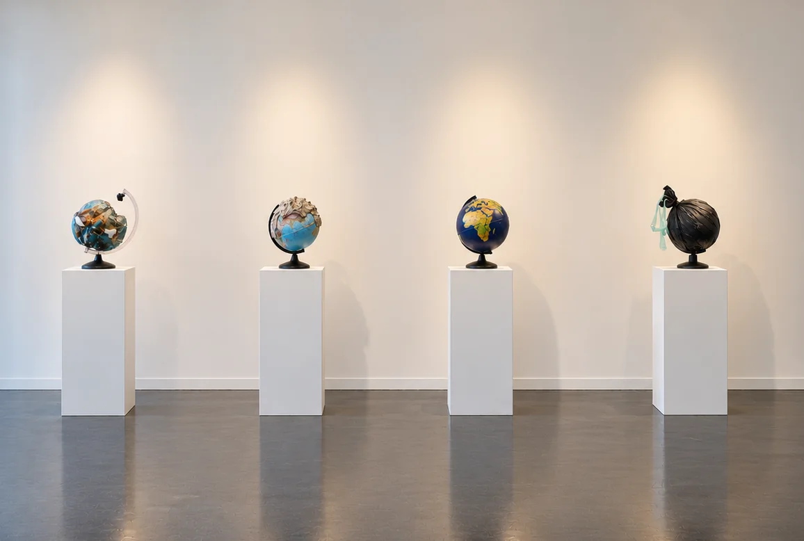 Planète Terre, vue d’ensemble de l’installation composée de quatre globes sur socles